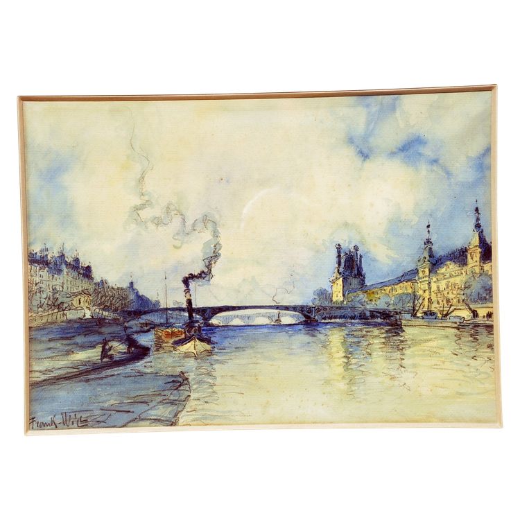 Aquarell von Frank Will, das die Ufer der Seine in Paris mit der Pont des Arts um 1940 zeigt