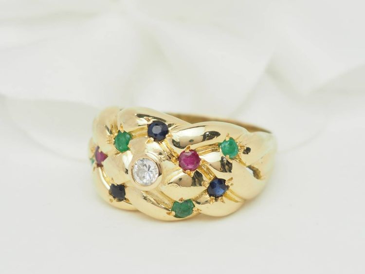 Bague jonc en or jaune et pierres précieuses 