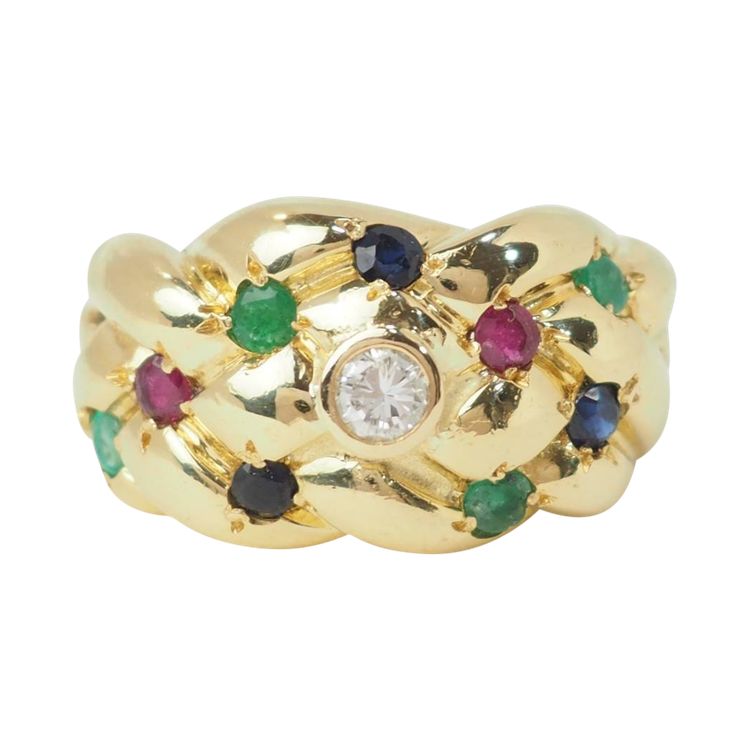 Bague jonc en or jaune et pierres précieuses 
