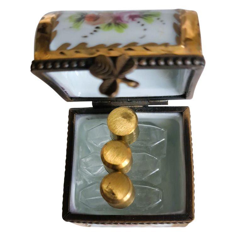 Jolie Boîte à pilules de collection en porcelaine peinte à la main ancienne avec 3 flacons début 20e