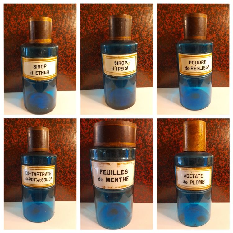 6 blue glass apothecary jars