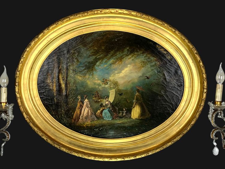 TABLEAU /HUILE SUR TOILE OVALE D’APRÈS ANTOINE WATTEAU ( FÊTE GALANTE ) ENCADRÉE