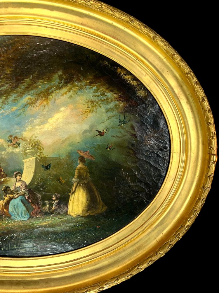 TABLEAU /HUILE SUR TOILE OVALE D’APRÈS ANTOINE WATTEAU ( FÊTE GALANTE ) ENCADRÉE
