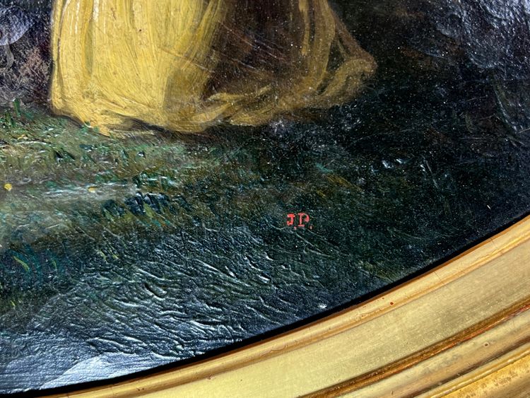 TABLEAU /HUILE SUR TOILE OVALE D’APRÈS ANTOINE WATTEAU ( FÊTE GALANTE ) ENCADRÉE