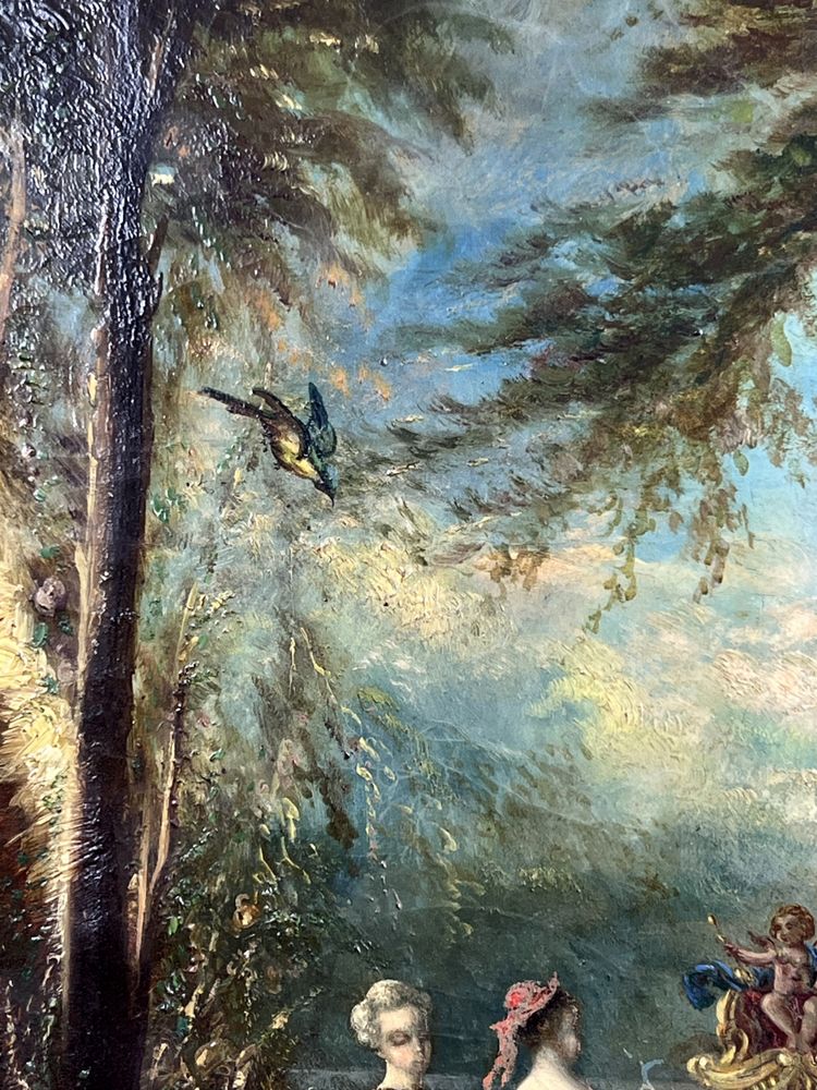 TABLEAU /HUILE SUR TOILE OVALE D’APRÈS ANTOINE WATTEAU ( FÊTE GALANTE ) ENCADRÉE