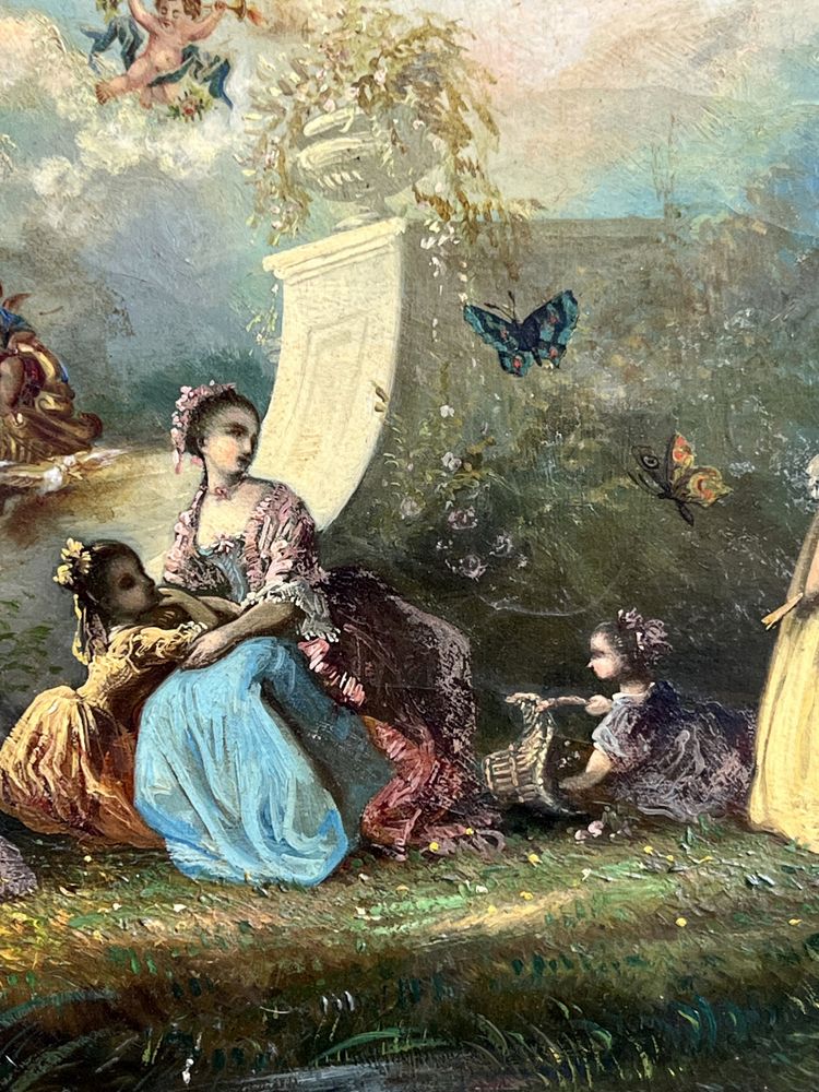TABLEAU /HUILE SUR TOILE OVALE D’APRÈS ANTOINE WATTEAU ( FÊTE GALANTE ) ENCADRÉE