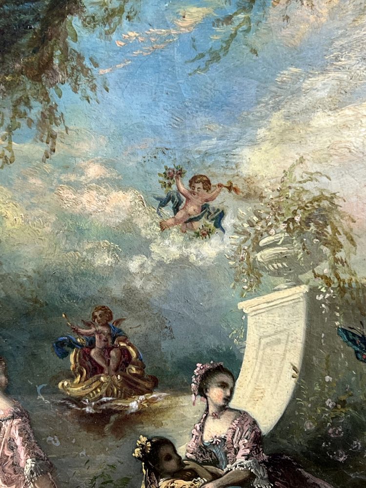TABLEAU /HUILE SUR TOILE OVALE D’APRÈS ANTOINE WATTEAU ( FÊTE GALANTE ) ENCADRÉE