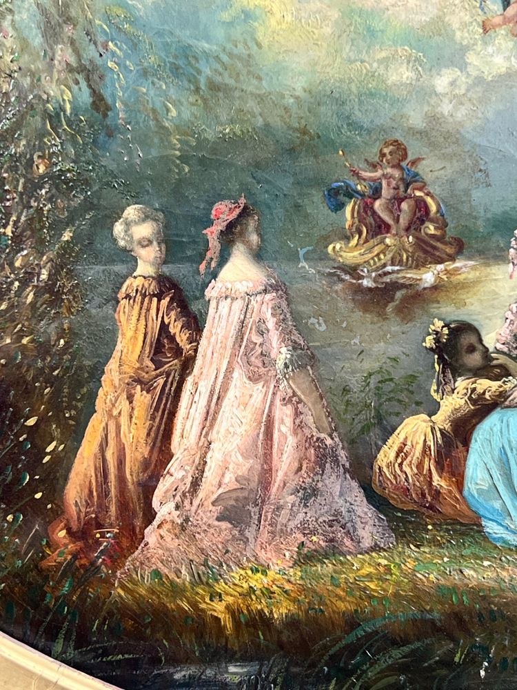 TABLEAU /HUILE SUR TOILE OVALE D’APRÈS ANTOINE WATTEAU ( FÊTE GALANTE ) ENCADRÉE