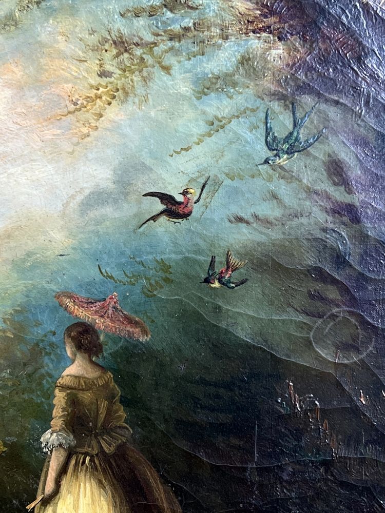 TABLEAU /HUILE SUR TOILE OVALE D’APRÈS ANTOINE WATTEAU ( FÊTE GALANTE ) ENCADRÉE