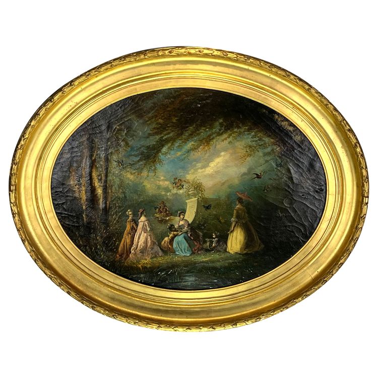 TABLEAU /HUILE SUR TOILE OVALE D’APRÈS ANTOINE WATTEAU ( FÊTE GALANTE ) ENCADRÉE