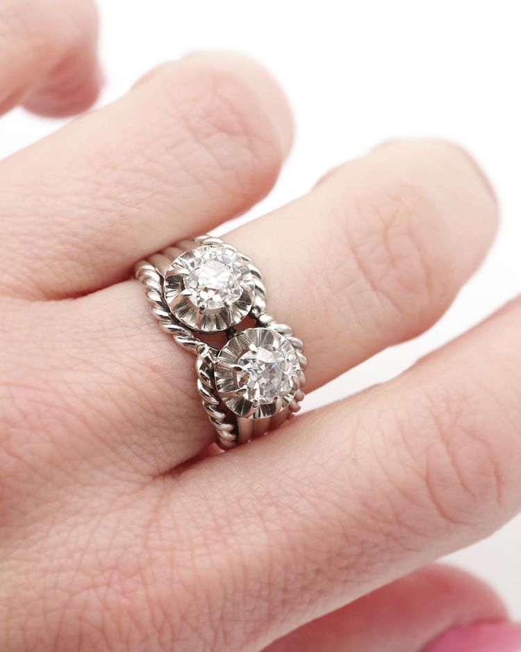 Bague diamants Toi Moi Retro en platine, années 1950, taille anciene 0,60 ct et 0,70 ct 