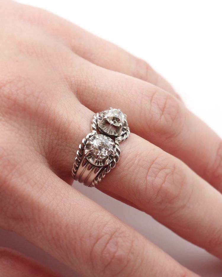 Bague diamants Toi Moi Retro en platine, années 1950, taille anciene 0,60 ct et 0,70 ct 