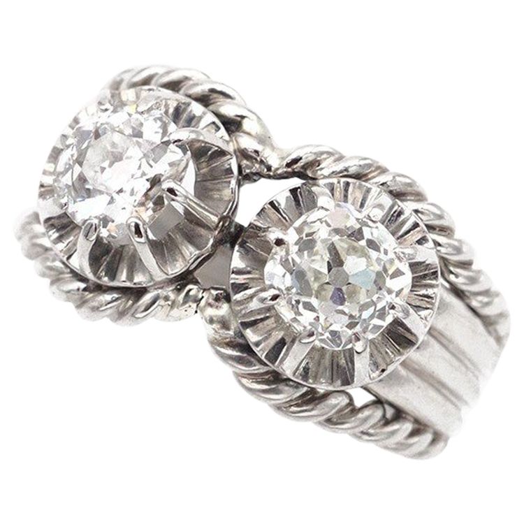 Bague diamants Toi Moi Retro en platine, années 1950, taille anciene 0,60 ct et 0,70 ct 