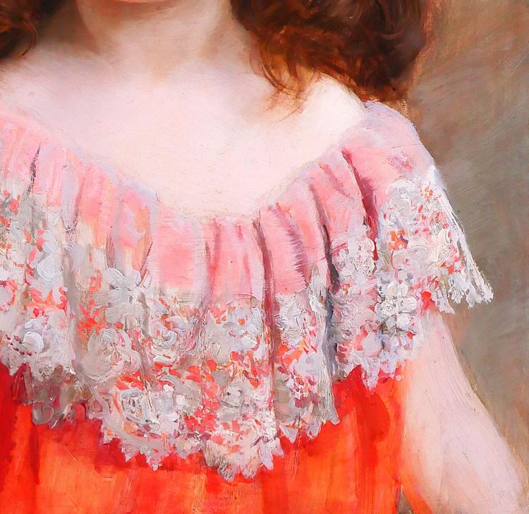 Jean-André RIXENS 1846-1925 Porträt eines jungen Mädchens mit rotem Kleid und Spitze, Gemälde, 1894