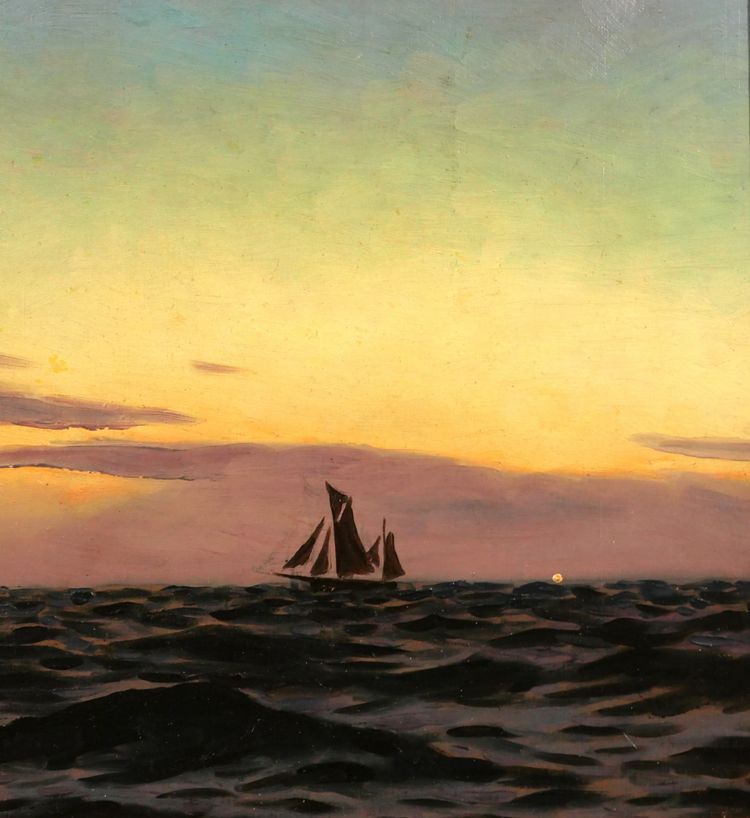 Alexandre BRUN 1853-1941 Meereslandschaft, Sonnenuntergang, Gemälde, um 1900, Boot