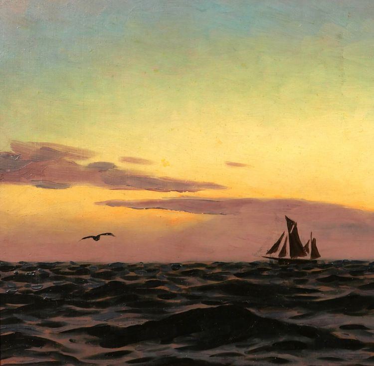 Alexandre BRUN 1853-1941 Meereslandschaft, Sonnenuntergang, Gemälde, um 1900, Boot