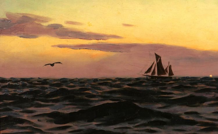 Alexandre BRUN 1853-1941 Meereslandschaft, Sonnenuntergang, Gemälde, um 1900, Boot