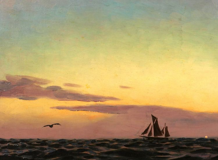Alexandre BRUN 1853-1941 Meereslandschaft, Sonnenuntergang, Gemälde, um 1900, Boot