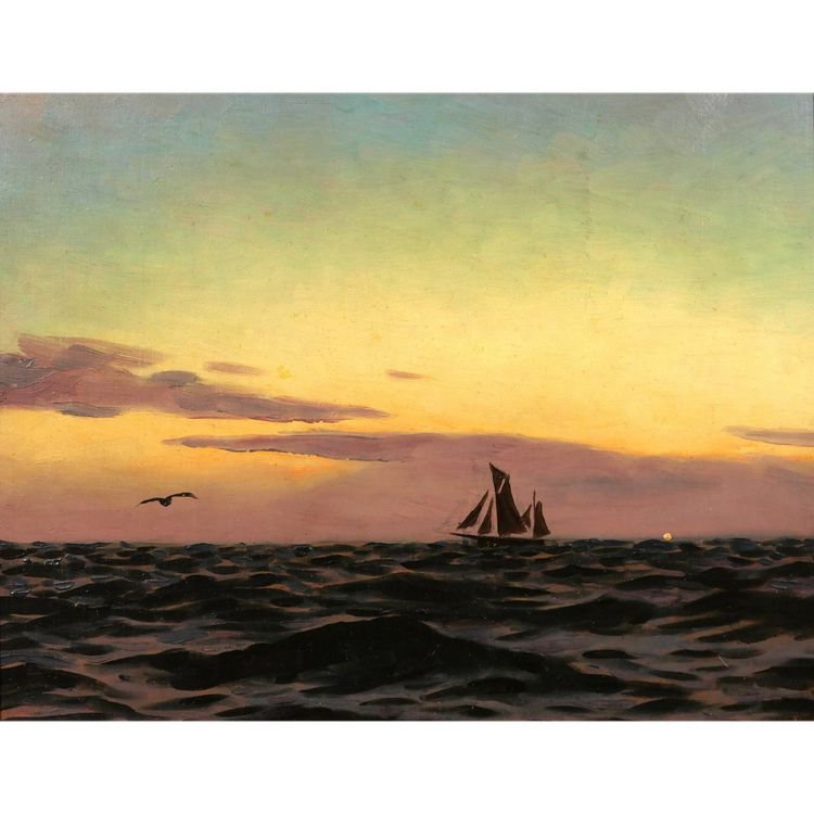 Alexandre BRUN 1853-1941 Meereslandschaft, Sonnenuntergang, Gemälde, um 1900, Boot