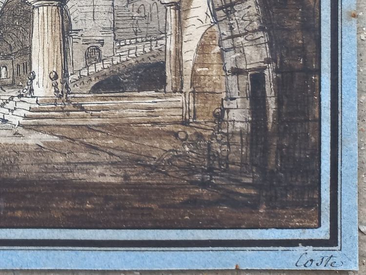 Jean-Baptiste COSTE 1746-1819 Architecture imaginaire, dessin, vers 1780, néoclassique, paysage