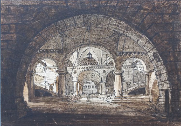 Jean-Baptiste COSTE 1746-1819 Architecture imaginaire, dessin, vers 1780, néoclassique, paysage