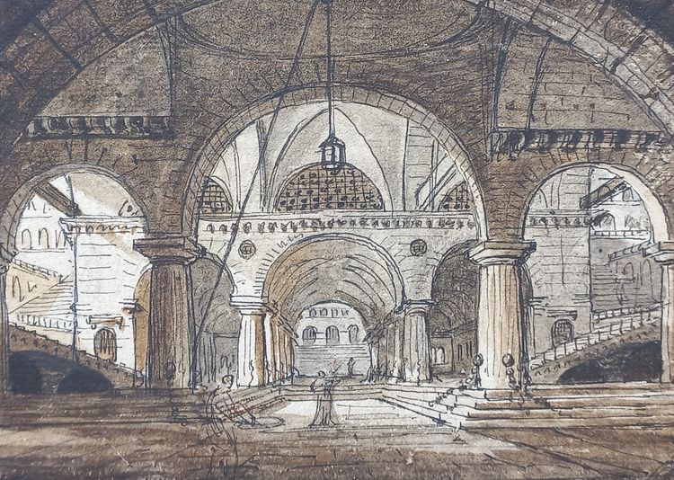 Jean-Baptiste COSTE 1746-1819 Architecture imaginaire, dessin, vers 1780, néoclassique, paysage