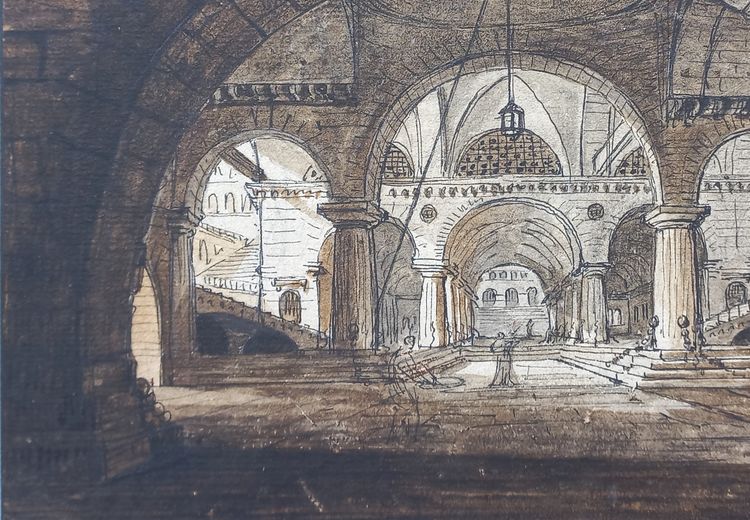 Jean-Baptiste COSTE 1746-1819 Architecture imaginaire, dessin, vers 1780, néoclassique, paysage