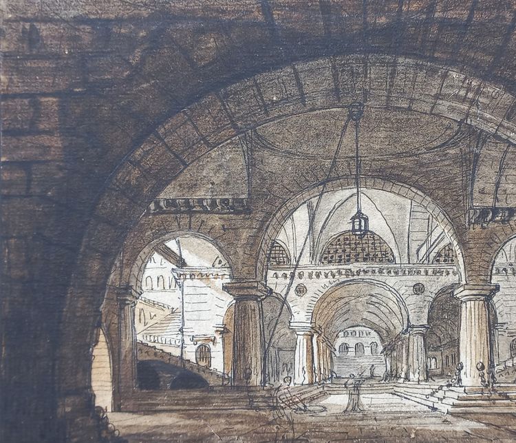 Jean-Baptiste COSTE 1746-1819 Architecture imaginaire, dessin, vers 1780, néoclassique, paysage