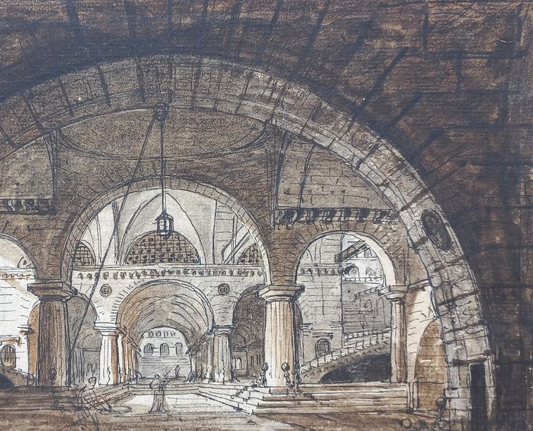 Jean-Baptiste COSTE 1746-1819 Architecture imaginaire, dessin, vers 1780, néoclassique, paysage