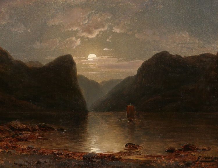 Georg SAAL 1817-1870 Landscape of Norway in the moonlight, painting, 1848, German Romanticism