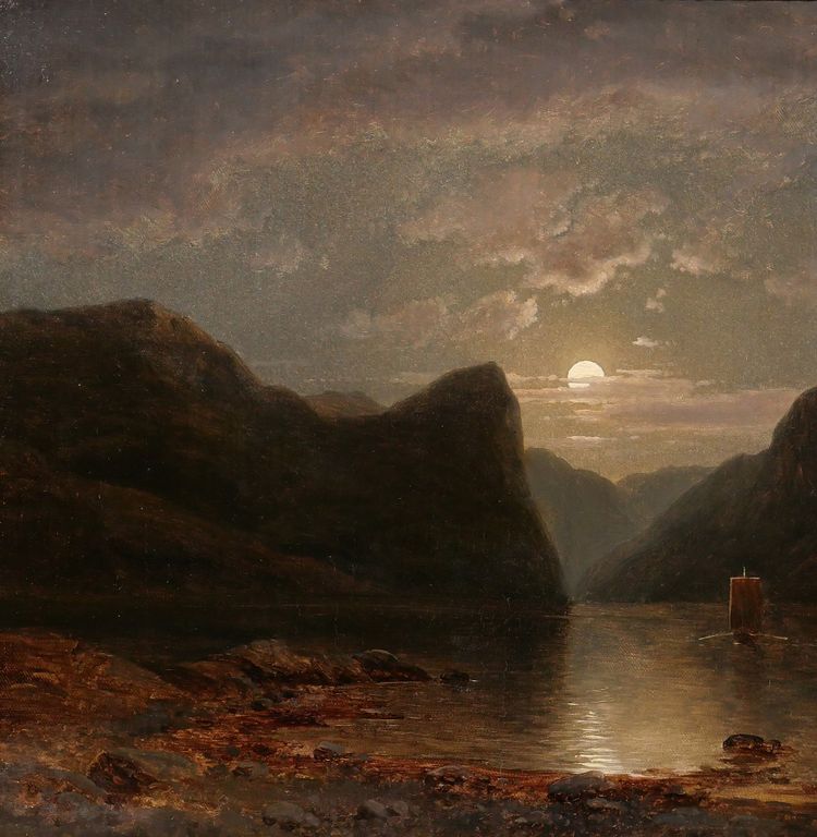 Georg SAAL 1817-1870 Landscape of Norway in the moonlight, painting, 1848, German Romanticism