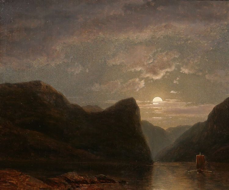 Georg SAAL 1817-1870 Landscape of Norway in the moonlight, painting, 1848, German Romanticism