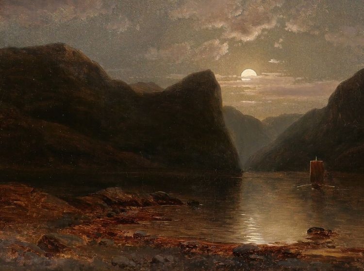 Georg SAAL 1817-1870 Landscape of Norway in the moonlight, painting, 1848, German Romanticism