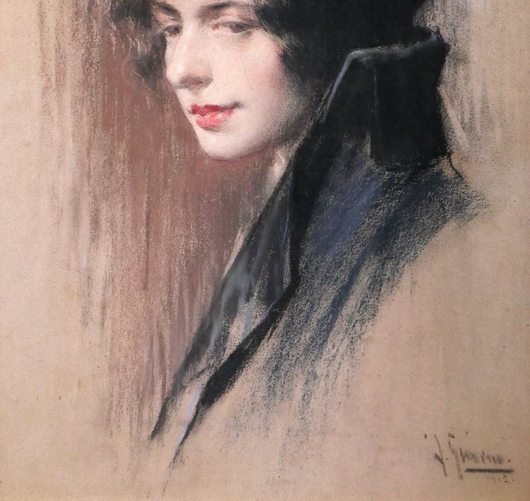 Andrés GIMENO 1879-? Portrait de femme élégante, pastel, 1915, Espagne