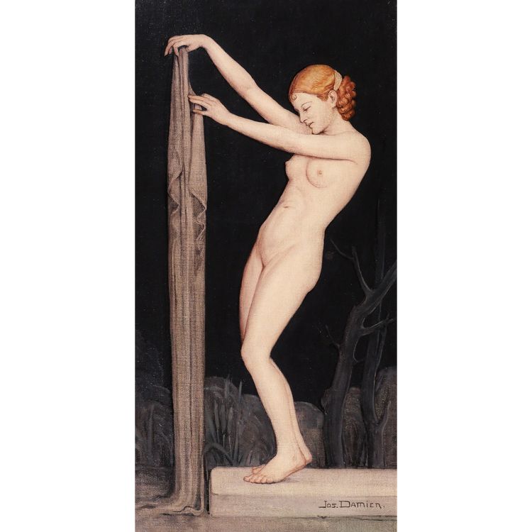 Jos Damien 1879-1973 Nude Woman with Sheet, painting, 1915, Art Nouveau, Symbolism Belgium