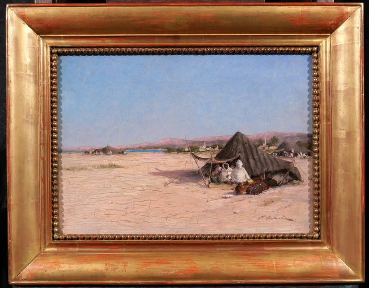 Victor COSTE 1844-1923 Paysage orientaliste au campement, tableau, vers 1880-90