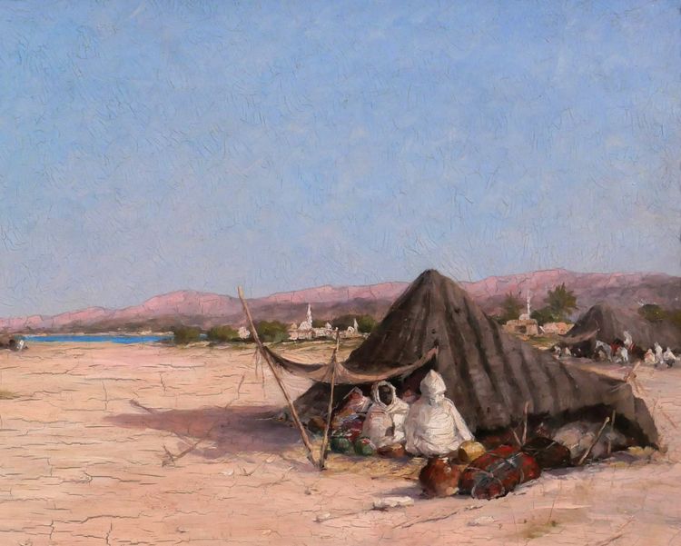 Victor COSTE 1844-1923 Paysage orientaliste au campement, tableau, vers 1880-90