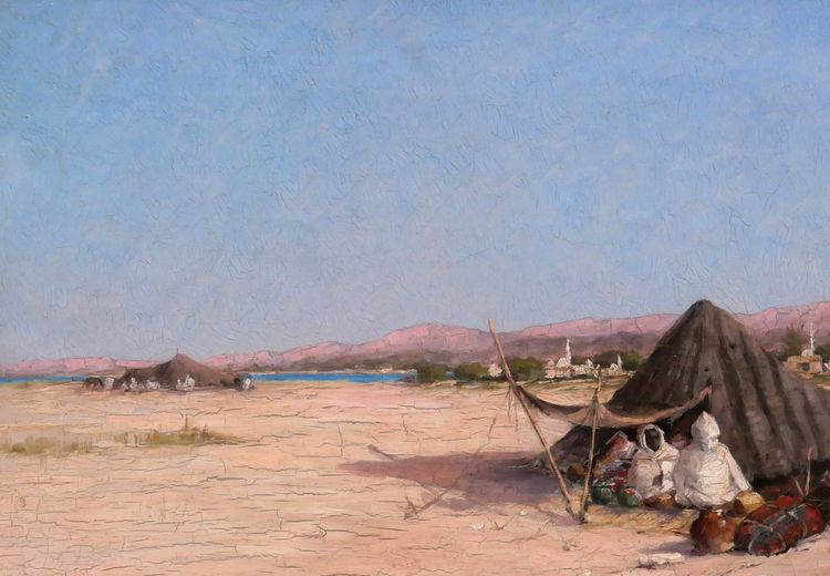 Victor COSTE 1844-1923 Paysage orientaliste au campement, tableau, vers 1880-90