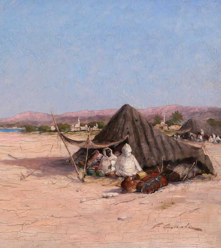 Victor COSTE 1844-1923 Paysage orientaliste au campement, tableau, vers 1880-90