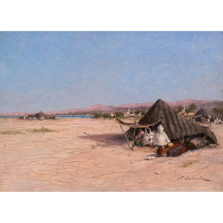 Victor COSTE 1844-1923 Paysage orientaliste au campement, tableau, vers 1880-90