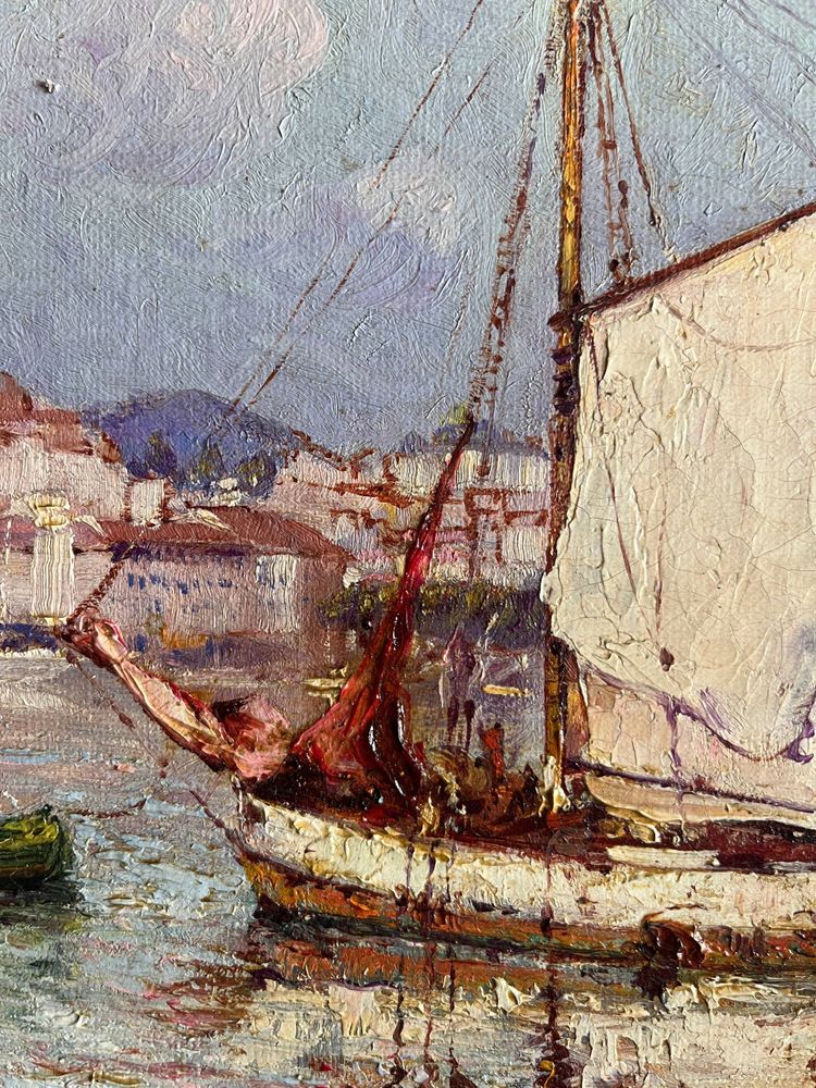 Tableau HST "Marine - vue du port de Menton" par Felix PILLE (1848-1919)