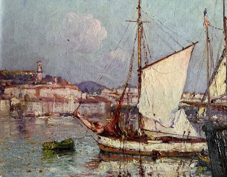 Tableau HST "Marine - vue du port de Menton" par Felix PILLE (1848-1919)