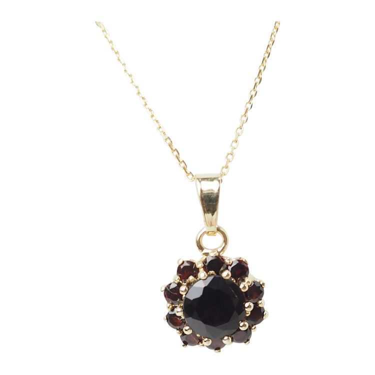 Collier pendentif marguerite en or jaune et grenats