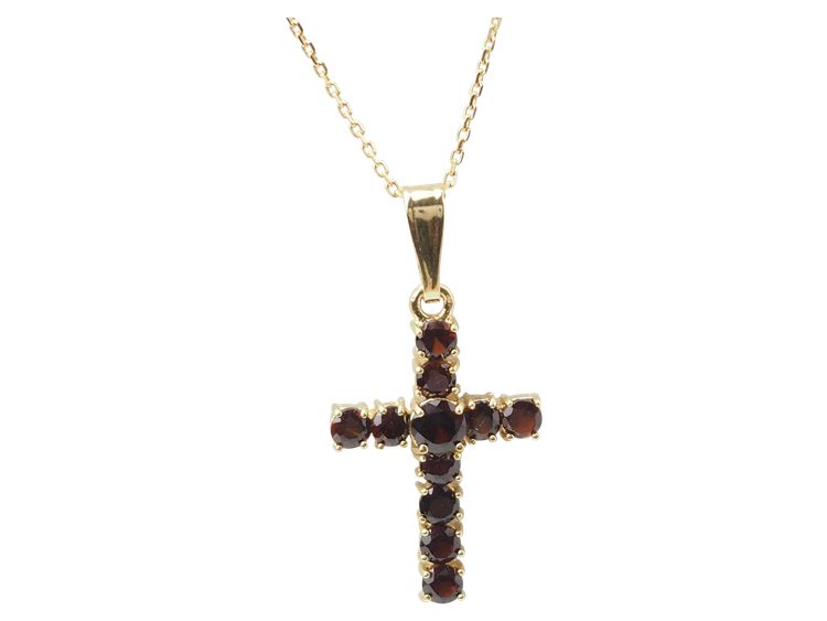 Collier pendentif croix en or jaune et grenats 