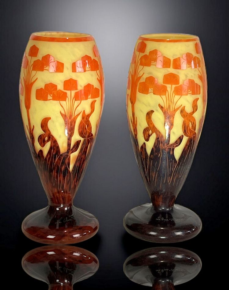 PAIR OF BALUSTER VASES SIGNED FRENCH GLASS DECORATED WITH FLORAL MOTIFS