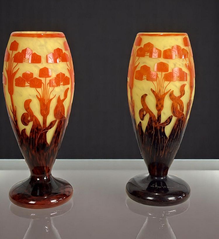 PAIR OF BALUSTER VASES SIGNED FRENCH GLASS DECORATED WITH FLORAL MOTIFS