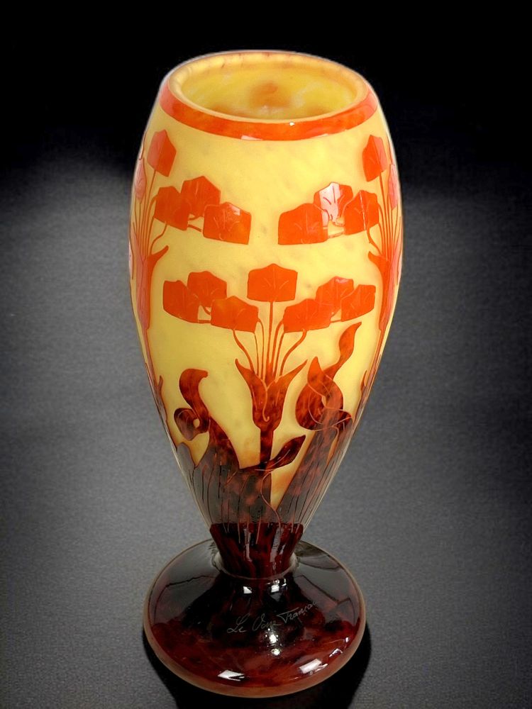 PAIR OF BALUSTER VASES SIGNED FRENCH GLASS DECORATED WITH FLORAL MOTIFS