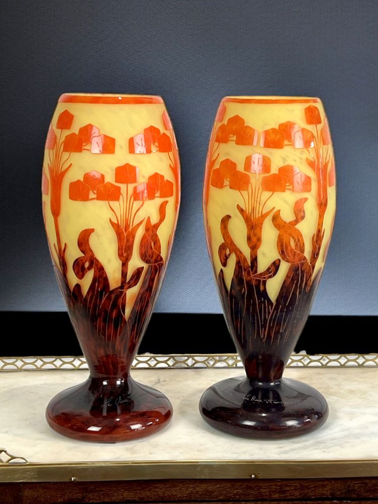 PAIR OF BALUSTER VASES SIGNED FRENCH GLASS DECORATED WITH FLORAL MOTIFS