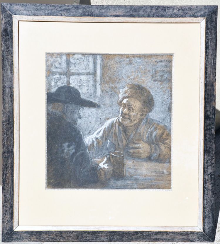 Alphonse Lévy dit Alan Levy pastel original scène de taverne entre un musulman et un juif