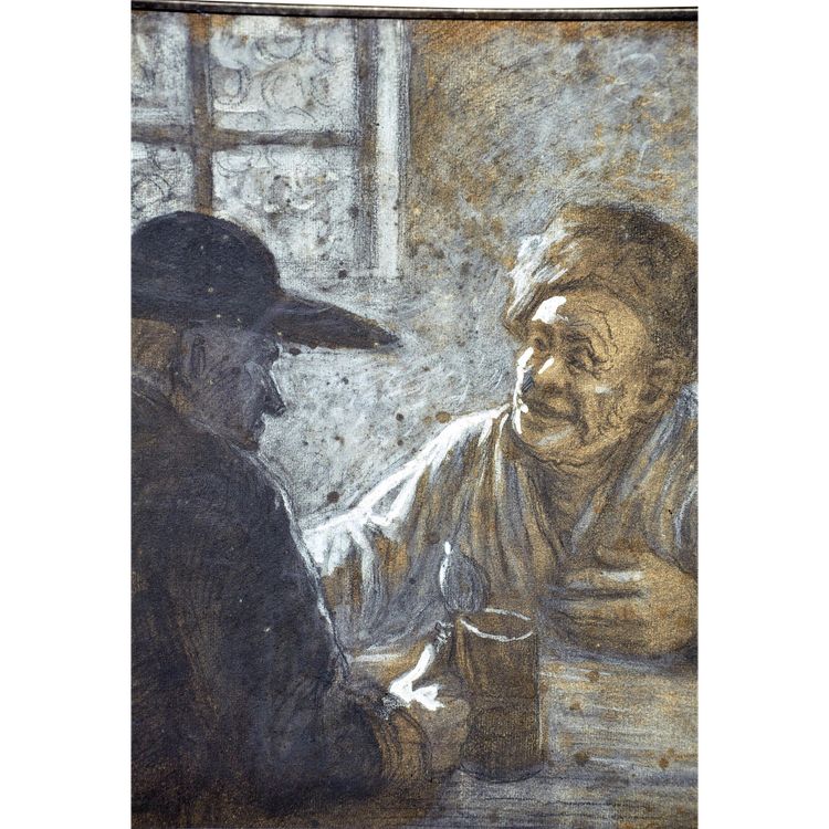 Alphonse Lévy dit Alan Levy pastel original scène de taverne entre un musulman et un juif